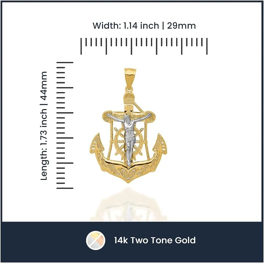 IceCarats 14K Solid Two Tone Gold Anchor Mariner Holy Cross Necklace Religious Chain Pendant Jesus Christ Nautical Charm