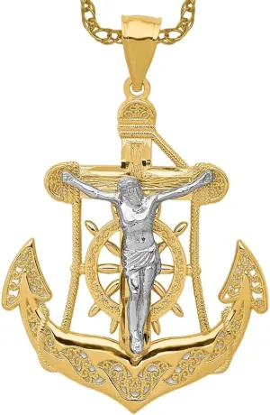 IceCarats 14K Solid Two Tone Gold Anchor Mariner Holy Cross Necklace Religious Chain Pendant Jesus Christ Nautical Charm