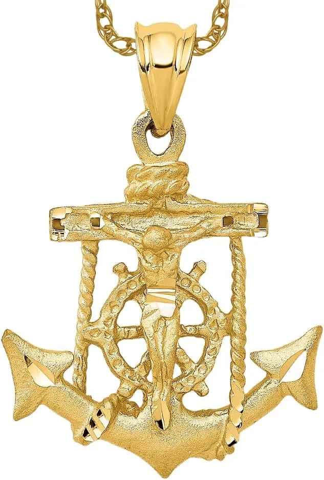 IceCarats 14K Solid Yellow Gold Anchor Mariner Holy Cross Necklace Religious Chain Pendant Jesus Christ Nautical Charm