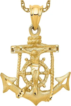 IceCarats 14K Solid Yellow Gold Anchor Mariner Holy Cross Necklace Religious Chain Pendant Jesus Christ Nautical Charm