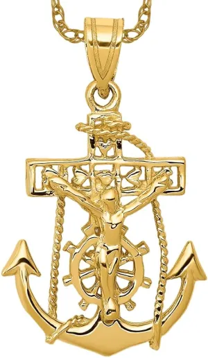 IceCarats 14K Solid Yellow Gold Anchor Mariner Holy Cross Necklace Religious Chain Pendant Jesus Christ Nautical Charm