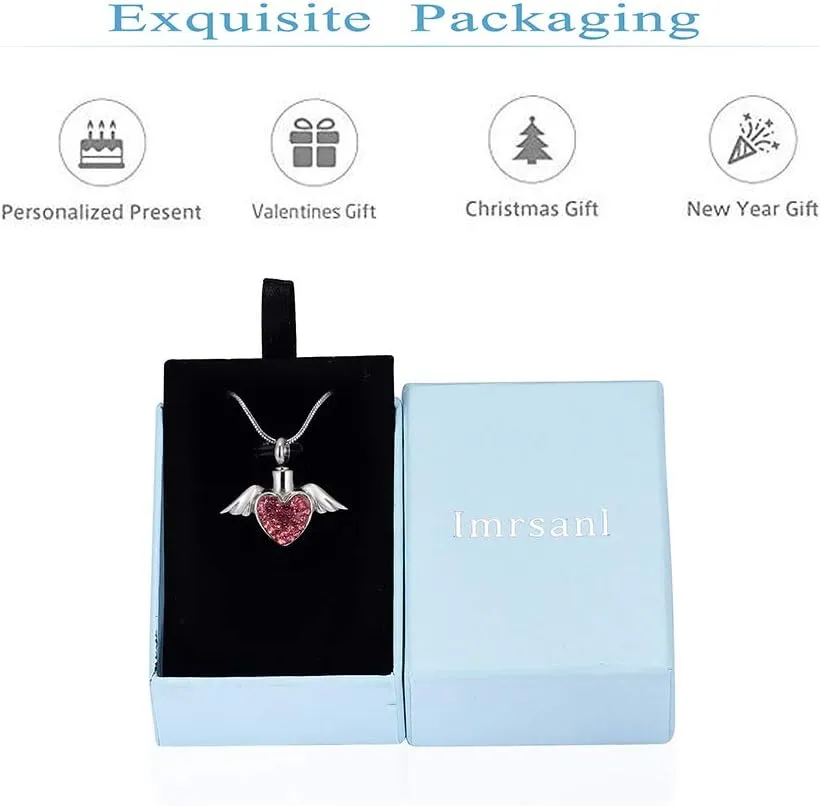 Imrsanl Cremation Jewelry with Angel Wings Charm Locket Memorial Ash Pendant - Heart Urn Necklace Keepsake Jewelry for Women Girls