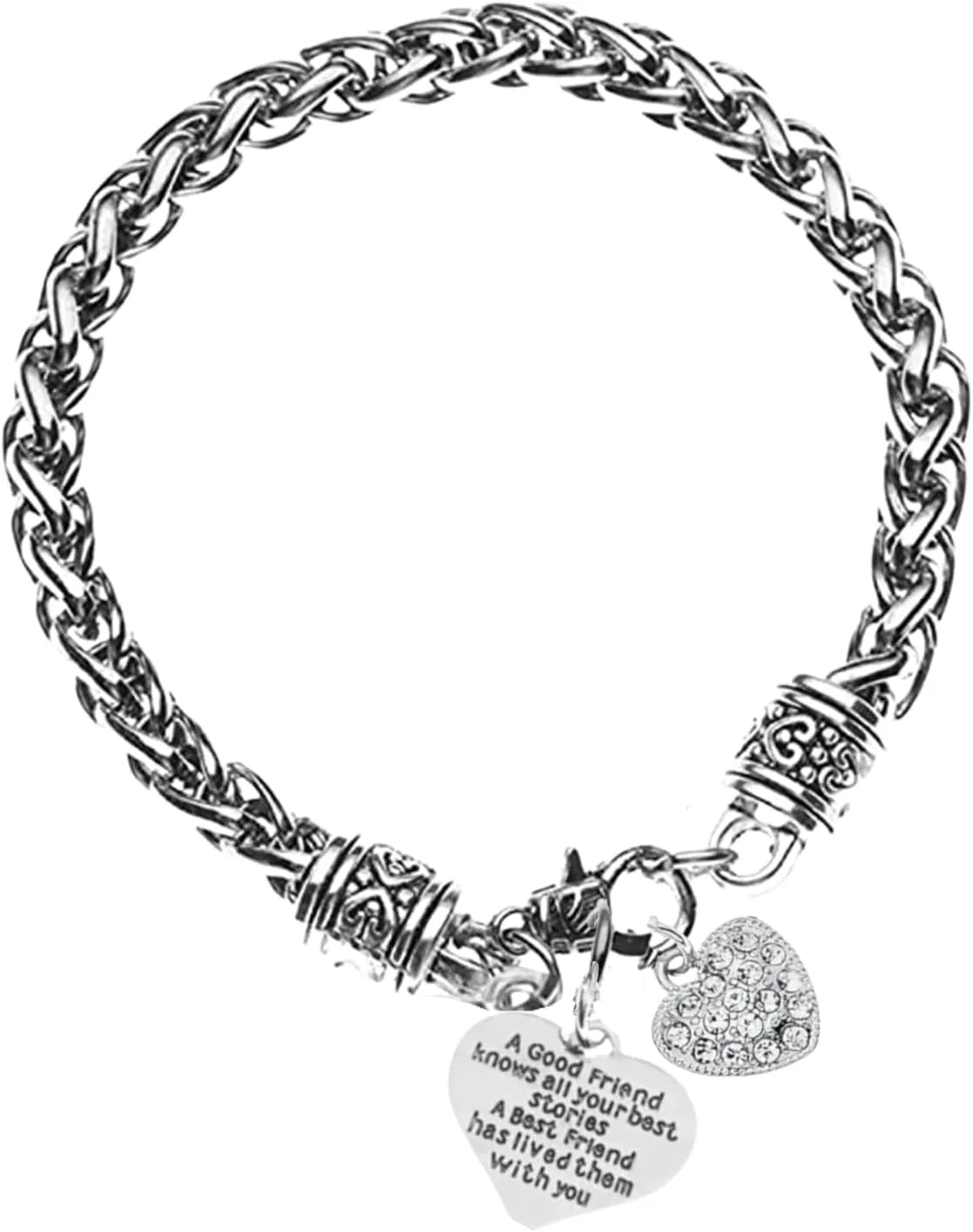 Infinity Collection Silver Plated Stainless Steel Wheat Spiga Bracelet  A Good Friend Knows All Your Best Stories Charm, Sparkling Heart Accent, Friendship Gift for Women, Best Friend Jewelry
