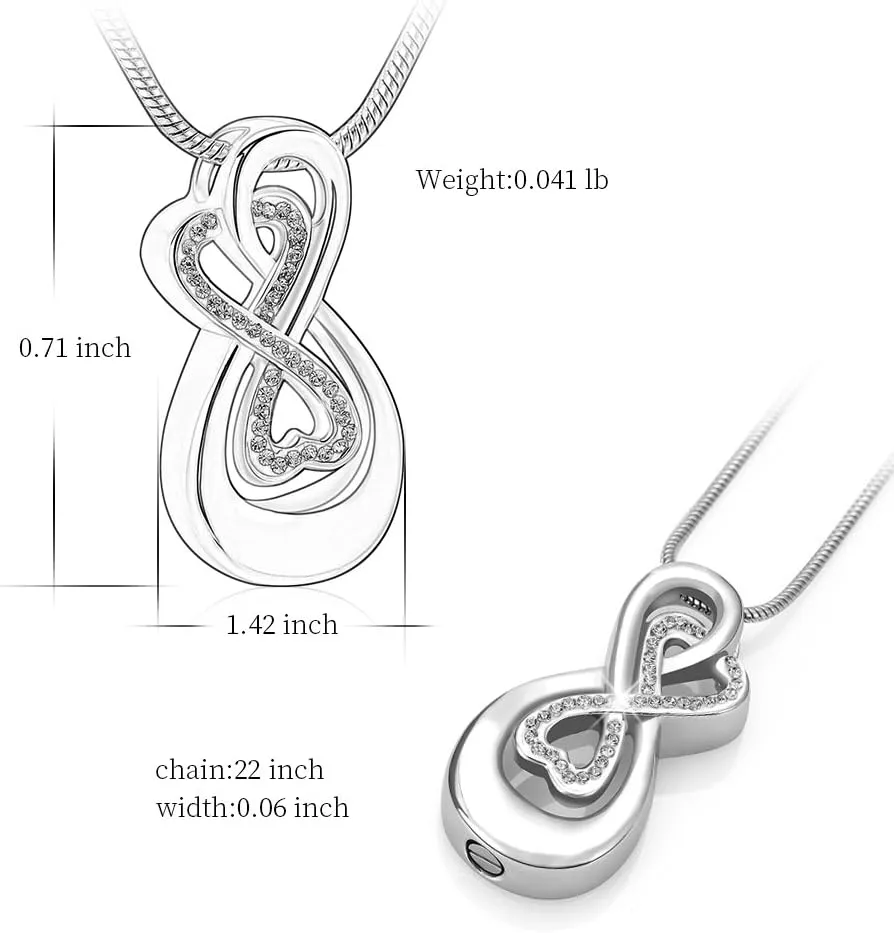 Infinity Love Urn Pendant Stainless Steel Snake Chain Cremation Jewelry for Ashes for Woman Free Filling Tools Include