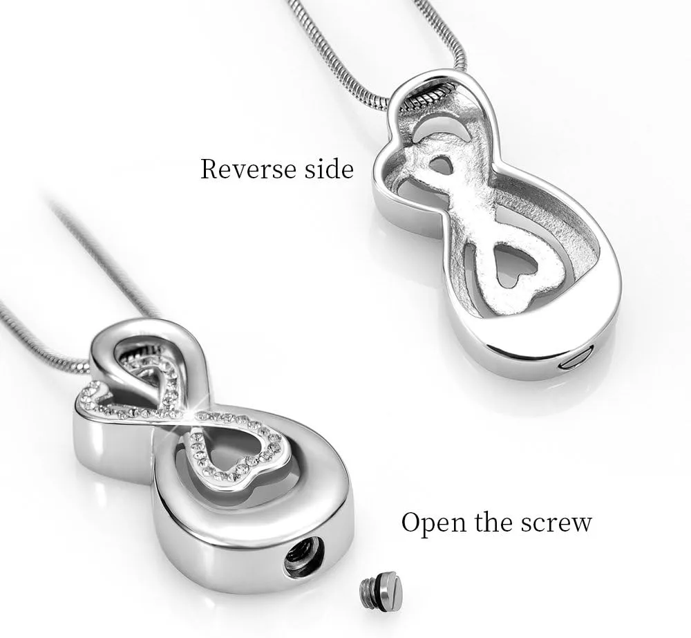 Infinity Love Urn Pendant Stainless Steel Snake Chain Cremation Jewelry for Ashes for Woman Free Filling Tools Include