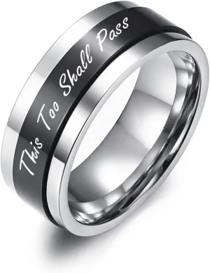 Inspirational Jewelry Fashion Ring Stainless Steel Silver&Black 2 Tone Band Ring for Women This Too Shall Pass Inspirational Spinner Ring Encouragement Graduation Ring for Women Men,Size 10