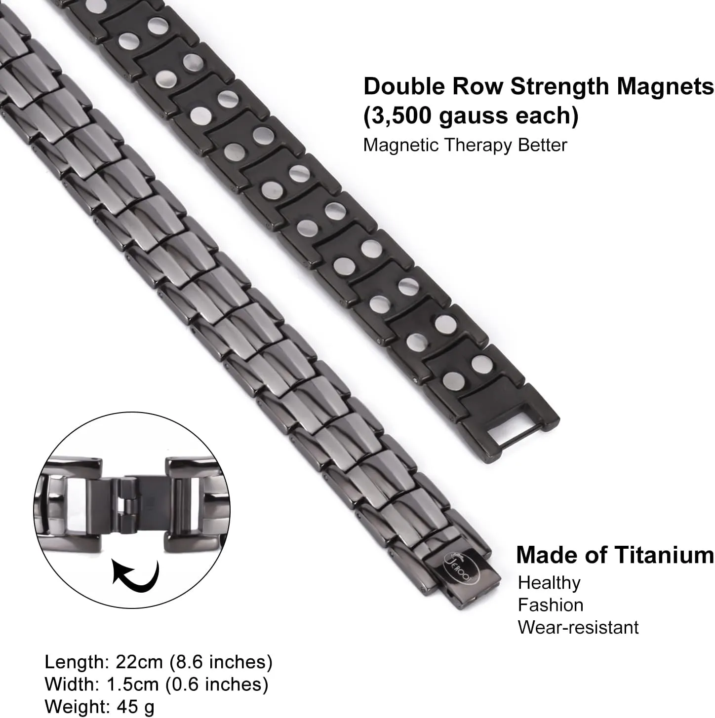 JEROOT Magnetic Bracelets for Men, Pure Titanium Double Row Strong Magnets (3500Gauss Per Magnet) Bracelet, Men's Bracelet with Adjustment Tool & Jewelry Gift Box (Gray-2)