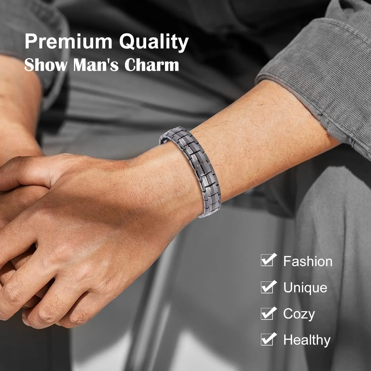 JEROOT Magnetic Bracelets for Men, Pure Titanium Double Row Strong Magnets (3500Gauss Per Magnet) Bracelet, Men's Bracelet with Adjustment Tool & Jewelry Gift Box (Gray-2)