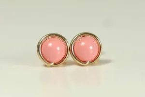 Jessica Luu Jewelry Handmade Gold Pink Coral Pearl Stud Earrings Wire Wrapped