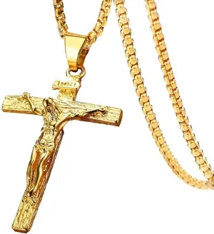 Jesus Crucifix Cross Pendant Necklace Stainless Steel/18K Gold Jesus Christ Baptism Christian Jewelry with Chain for Men