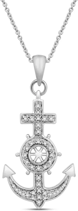 Jewelili Sterling Silver Anchor Nautical Steering Wheel Cross Pendant Necklace | 1/10 Cttw Natural White Round Diamond | 18" Rolo Chain | Fine Jewelry for Her | Gift Box Included