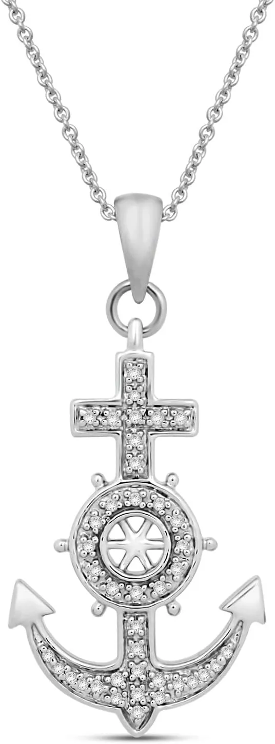 Jewelili Sterling Silver Anchor Nautical Steering Wheel Cross Pendant Necklace | 1/10 Cttw Natural White Round Diamond | 18" Rolo Chain | Fine Jewelry for Her | Gift Box Included