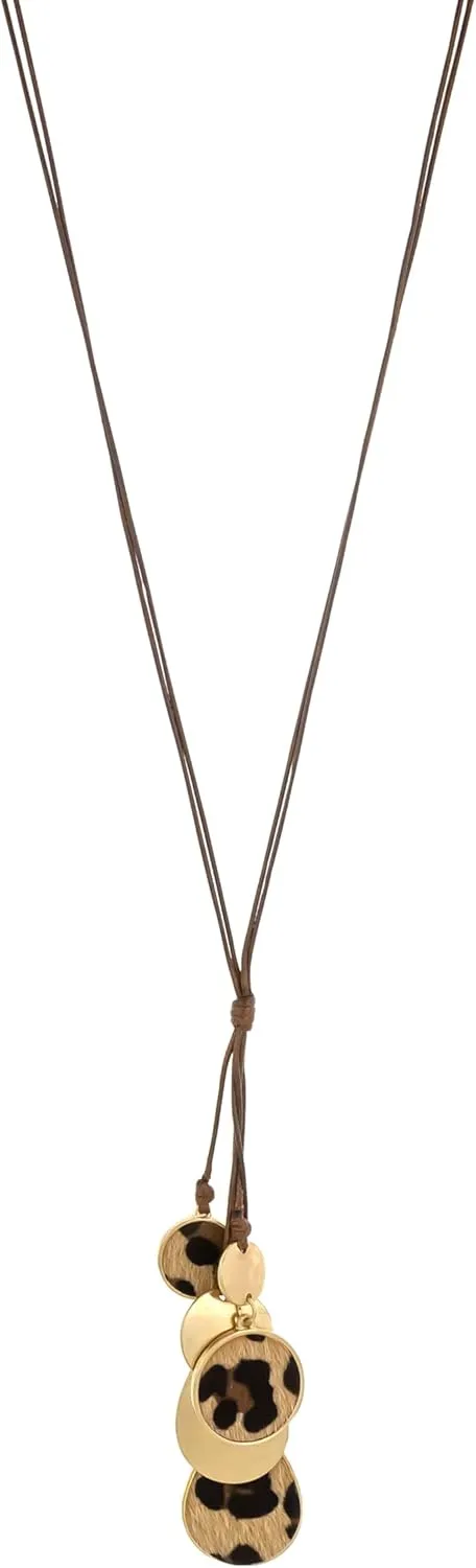 Jewelry Leopard-Printed Double Teardrop Necklace for Women, Fashion Animal Print Pendant, Gold Tone Chain