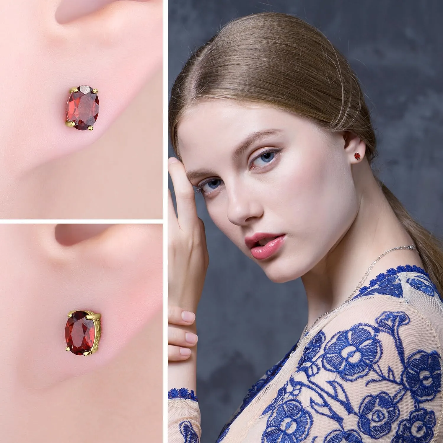JewelryPalace Natural Garnet Peridot Amethyst Citrine Blue Topaz Birthstone Stud Earrings for Women, 14k Gold Plated 925 Sterling Silver Earrings for Women, Gemstones Jewelry Sets for Girls