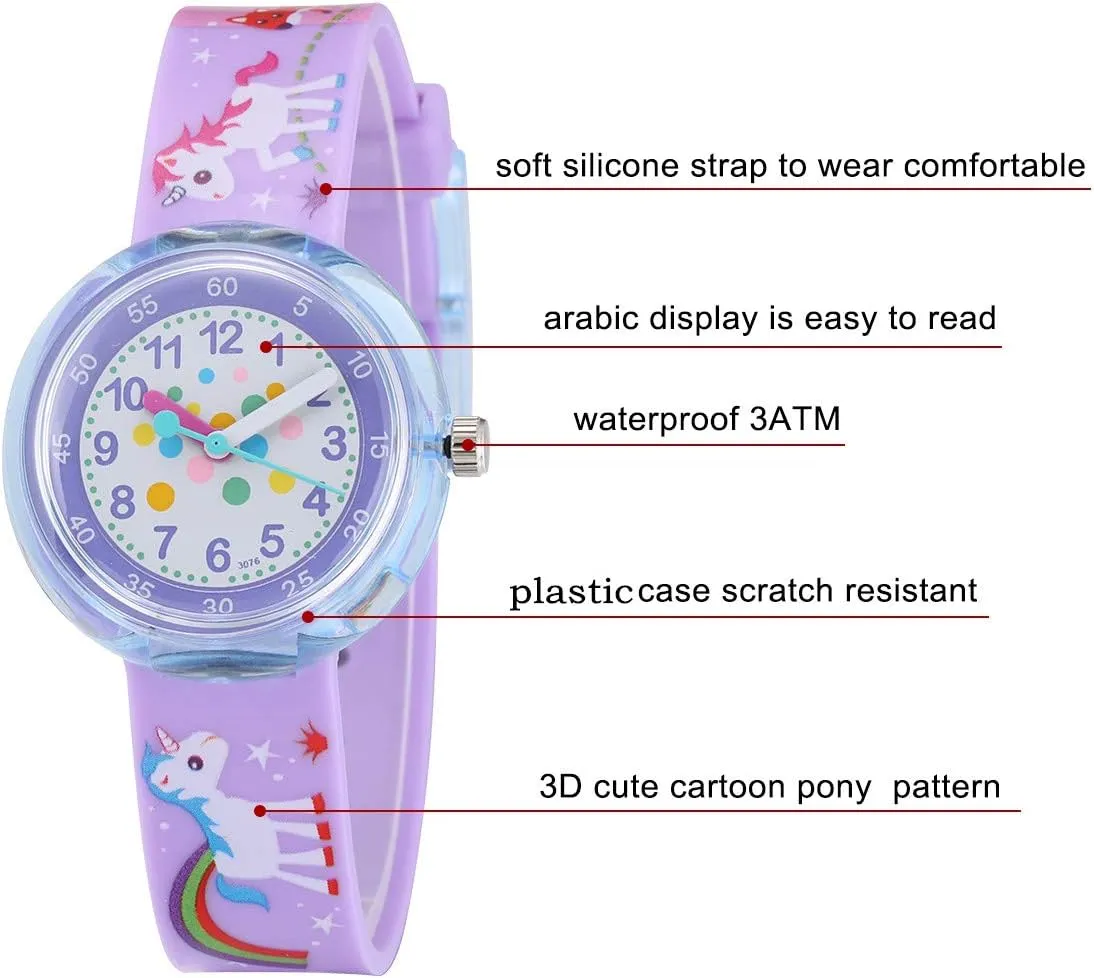 Jewtme Cute Toddler Children Kids Watches Ages 3-8 Analog Time Teacher 3D Silicone Band Cartoon Watch for Little Girls Boys