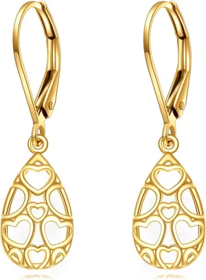 KECHO 14k Solid Gold Dangle Earrings for Women, Leverback Drop Earrings Fine Jewelry Birthday Gifts for Her