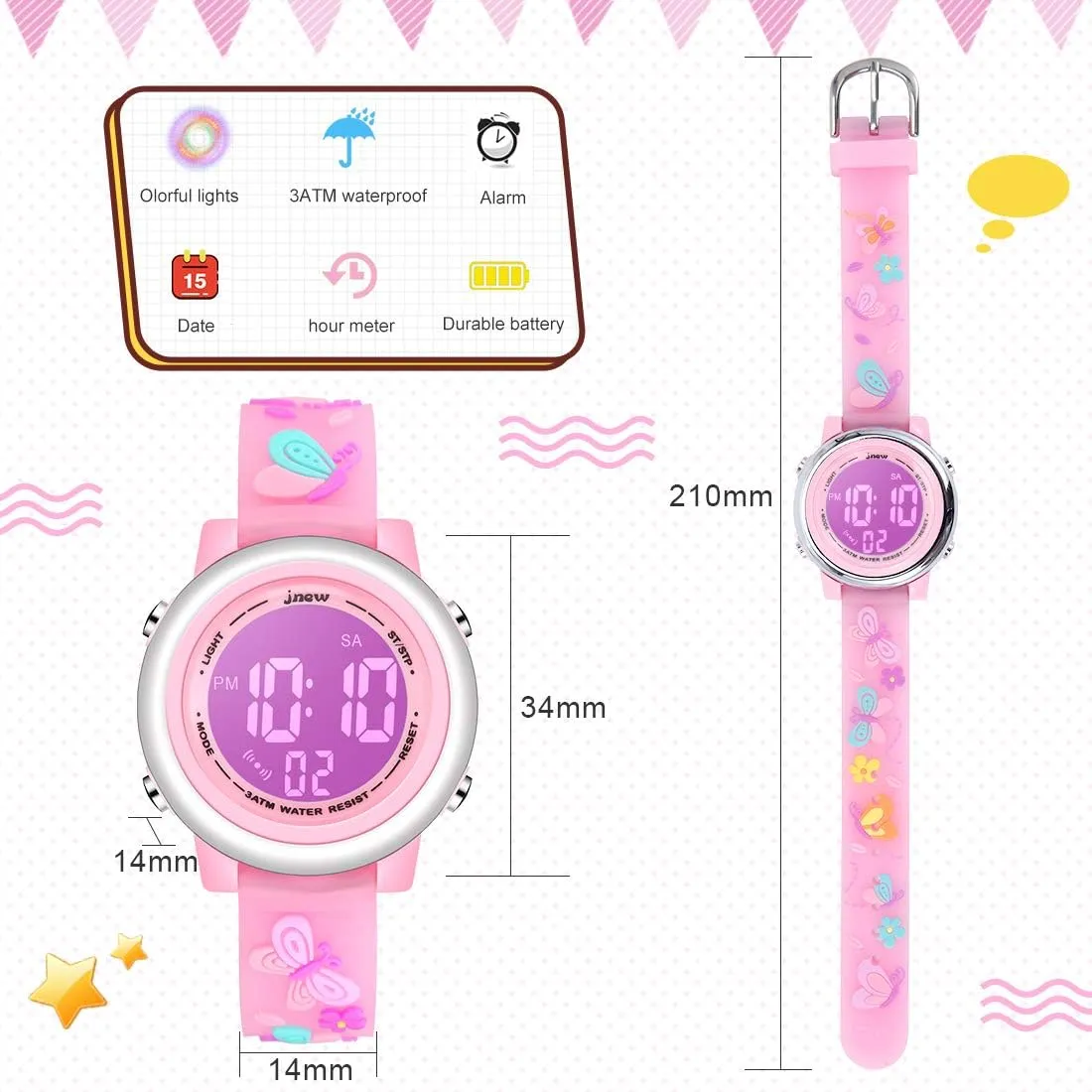 Kids Digital Sport Watches for Girls Boys, Waterproof Outdoor LED Timer with 7 Colors Backlight 3D Cartoon Silicone Band Child Wristwatch