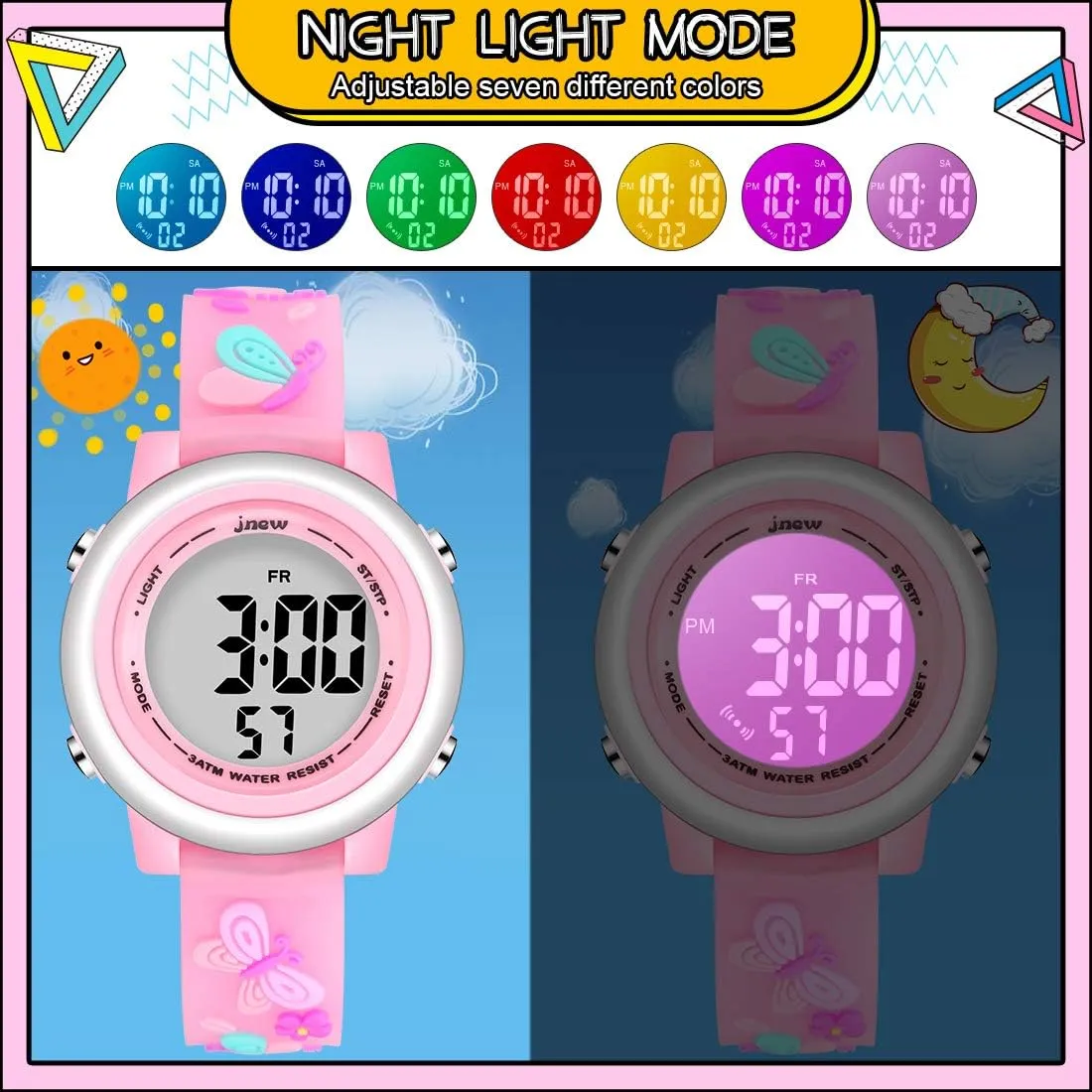 Kids Digital Sport Watches for Girls Boys, Waterproof Outdoor LED Timer with 7 Colors Backlight 3D Cartoon Silicone Band Child Wristwatch