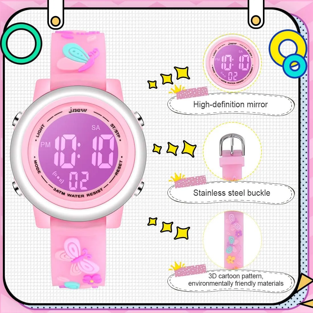 Kids Digital Sport Watches for Girls Boys, Waterproof Outdoor LED Timer with 7 Colors Backlight 3D Cartoon Silicone Band Child Wristwatch