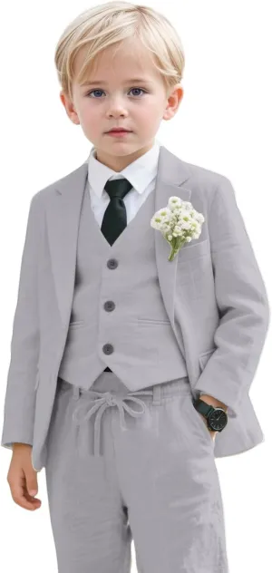 Kids Linen Suits for Boys Summer Beach Wedding 3 Piece Casual Slim Fit Suit for Boy Wedding Ring Bearer Outfit