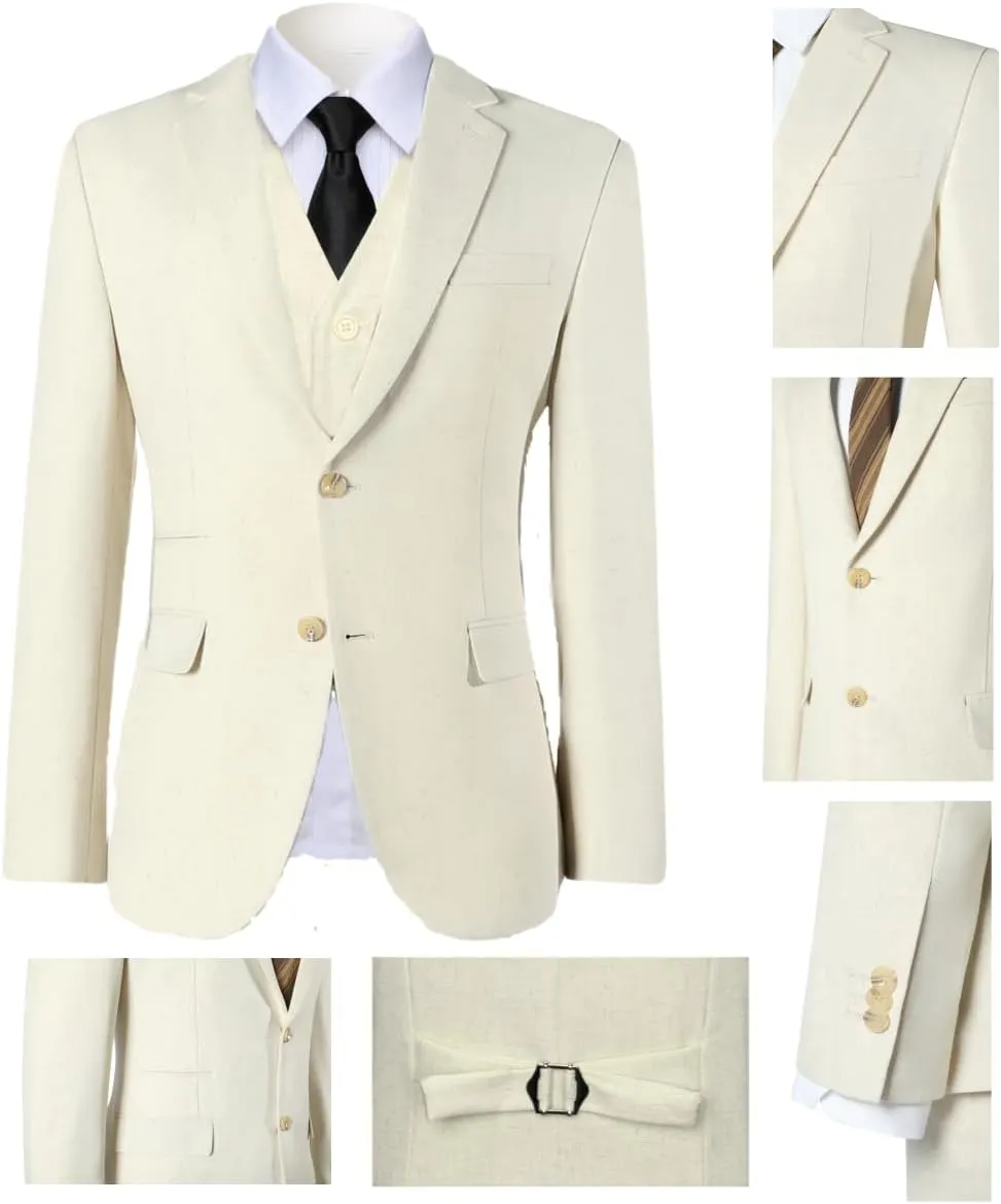 Kids Linen Suits for Boys Summer Beach Wedding 3 Piece Casual Slim Fit Suit for Boy Wedding Ring Bearer Outfit
