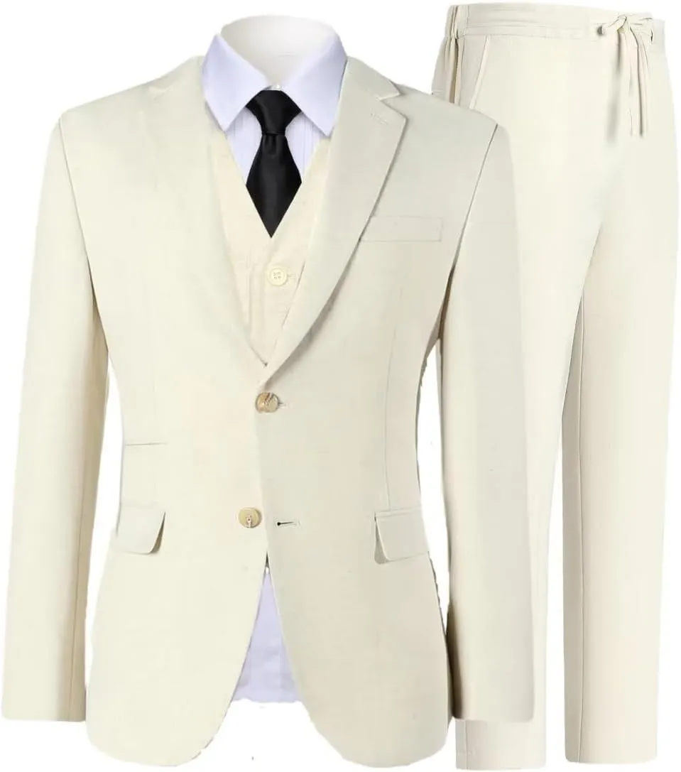 Kids Linen Suits for Boys Summer Beach Wedding 3 Piece Casual Slim Fit Suit for Boy Wedding Ring Bearer Outfit