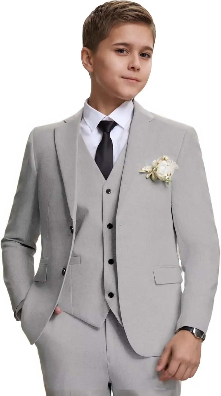 Kids Linen Suits for Boys Summer Beach Wedding 3 Piece Casual Slim Fit Suit for Boy Wedding Ring Bearer Outfit
