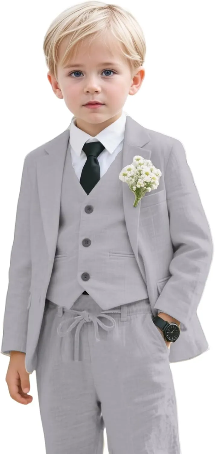 Kids Linen Suits for Boys Summer Beach Wedding 3 Piece Casual Slim Fit Suit for Boy Wedding Ring Bearer Outfit