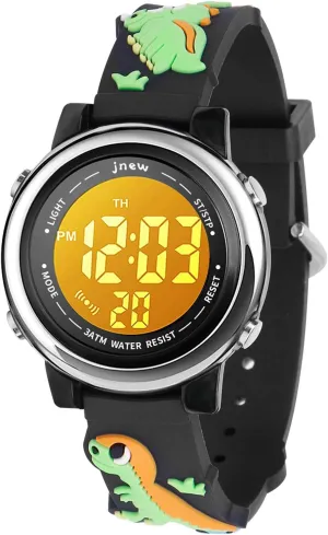 Kids Watch 3D Cartoon Toddler Wrist Digital Watch Waterproof 7 Color Lights with Alarm Stopwatch for 3-10 Year Boys Girls Little Child (Dinosaur B-Black)