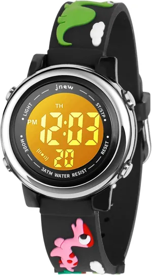 Kids Watch 3D Cartoon Toddler Wrist Digital Watch Waterproof 7 Color Lights with Alarm Stopwatch for 3-10 Year Boys Girls Little Child (Dinosaur C-Black)