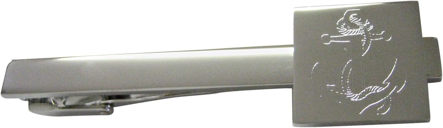 Kiola Designs Silver Toned Etched Nautical Roped Anchor Square Tie Clip