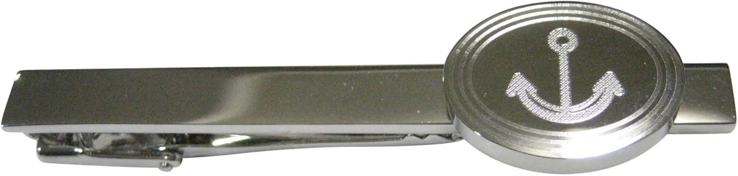 Kiola Designs Silver Toned Etched Oval Simple Nautical Anchor Tie Clip