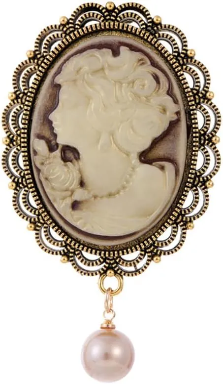 Kokoma Victorian Cameo Brooch Pin for Women Dangling Pearl Beauty Lady Portrait Lapel Pins Scarf Badge Cloth Dress Accessories Jewelry