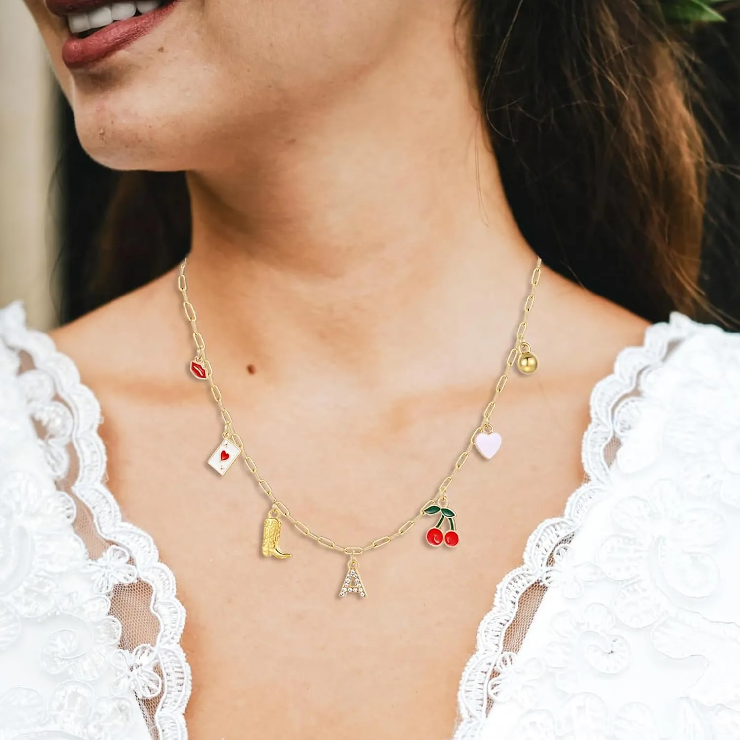 Korotho Initial Cowgirl Charm Necklaces for Women, 14K Gold Plated Dainty Western Cowgirl Cherry Heart Necklace Summer Beach Letter A-Z Choker Necklace Personalized Monogram Name Necklace for Her