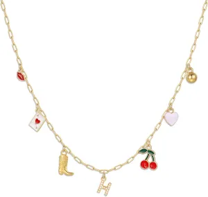 Korotho Initial Cowgirl Charm Necklaces for Women, 14K Gold Plated Dainty Western Cowgirl Cherry Heart Necklace Summer Beach Letter A-Z Choker Necklace Personalized Monogram Name Necklace for Her