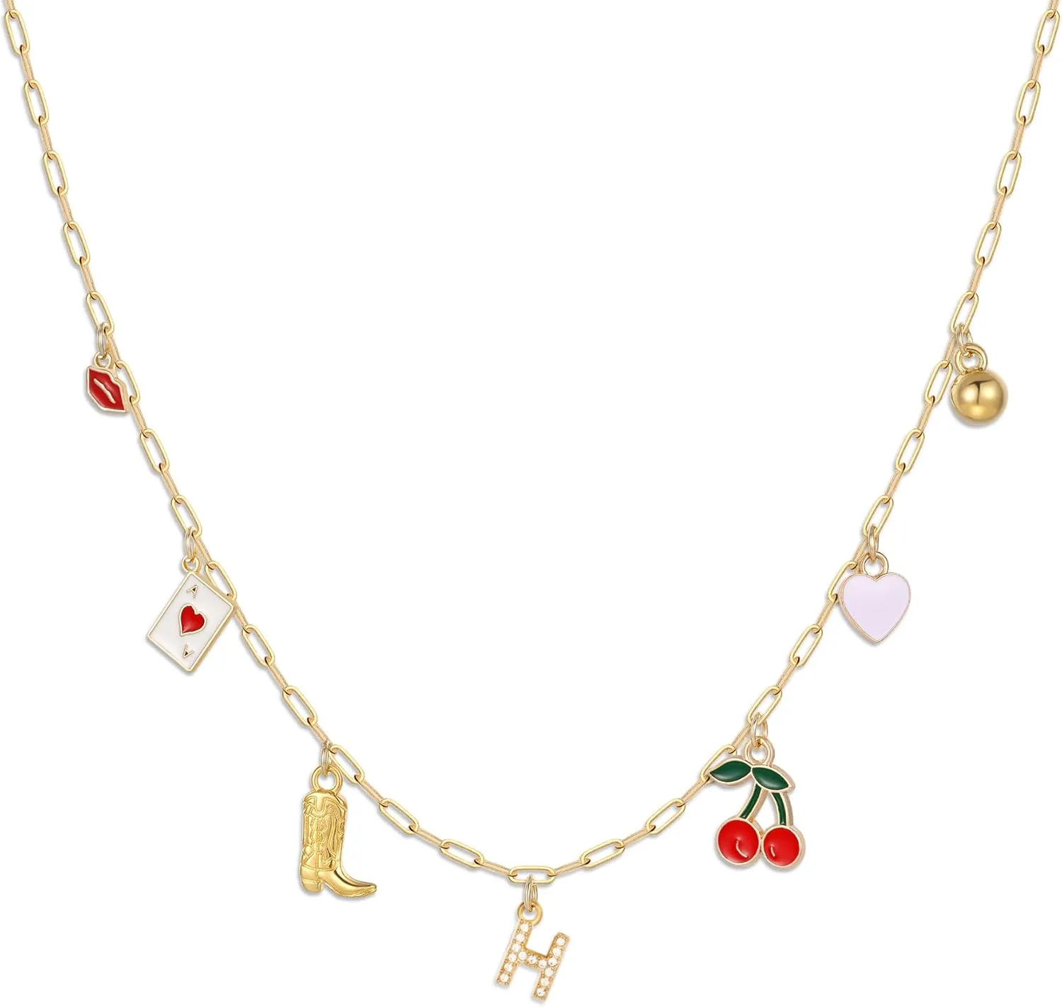 Korotho Initial Cowgirl Charm Necklaces for Women, 14K Gold Plated Dainty Western Cowgirl Cherry Heart Necklace Summer Beach Letter A-Z Choker Necklace Personalized Monogram Name Necklace for Her