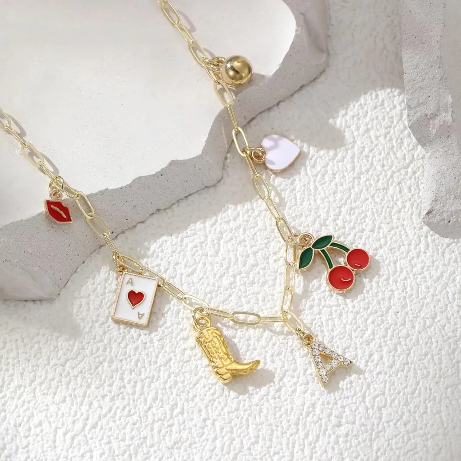 Korotho Initial Cowgirl Charm Necklaces for Women, 14K Gold Plated Dainty Western Cowgirl Cherry Heart Necklace Summer Beach Letter A-Z Choker Necklace Personalized Monogram Name Necklace for Her