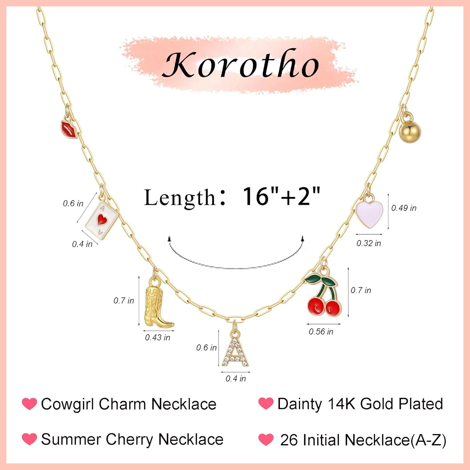 Korotho Initial Cowgirl Charm Necklaces for Women, 14K Gold Plated Dainty Western Cowgirl Cherry Heart Necklace Summer Beach Letter A-Z Choker Necklace Personalized Monogram Name Necklace for Her