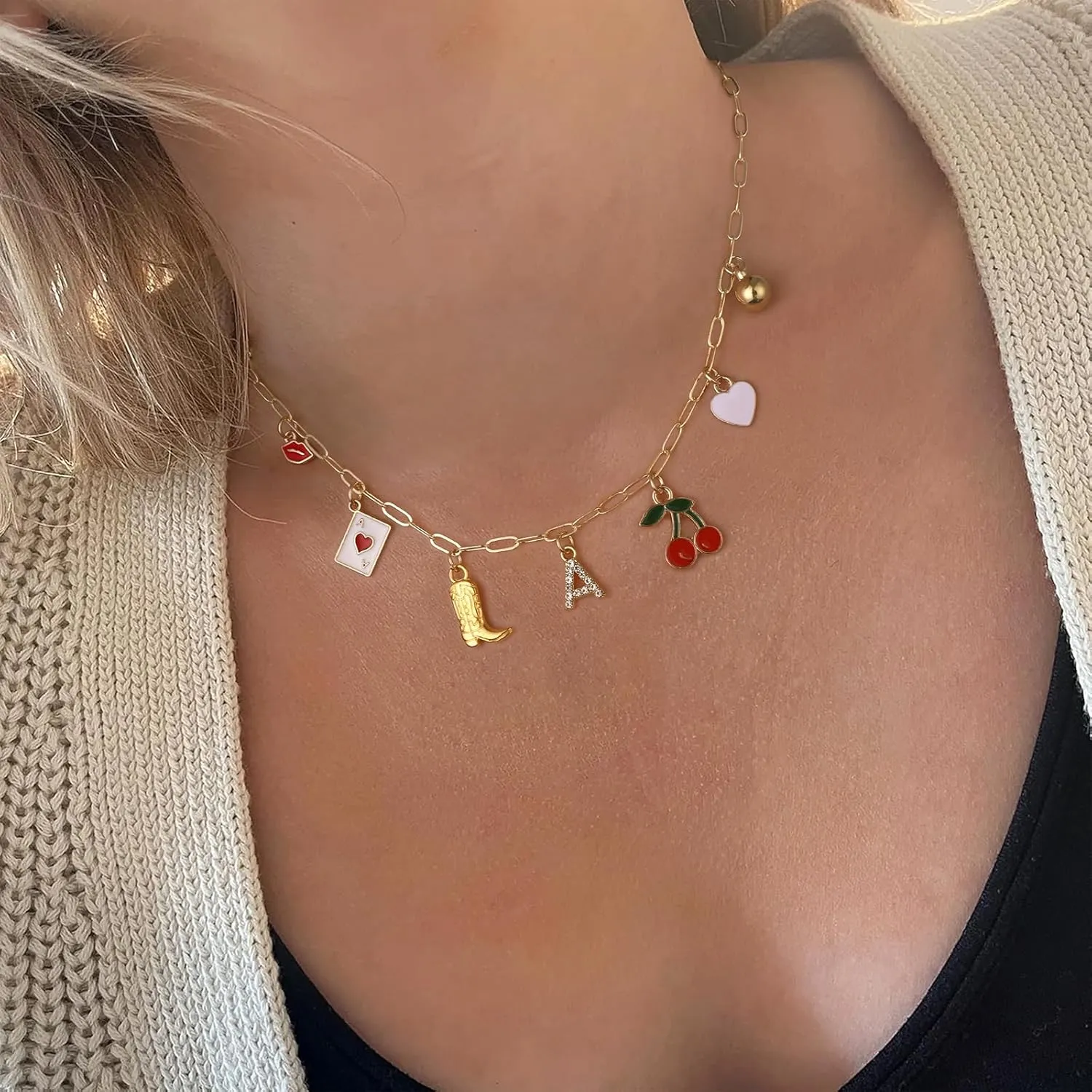 Korotho Initial Cowgirl Charm Necklaces for Women, 14K Gold Plated Dainty Western Cowgirl Cherry Heart Necklace Summer Beach Letter A-Z Choker Necklace Personalized Monogram Name Necklace for Her