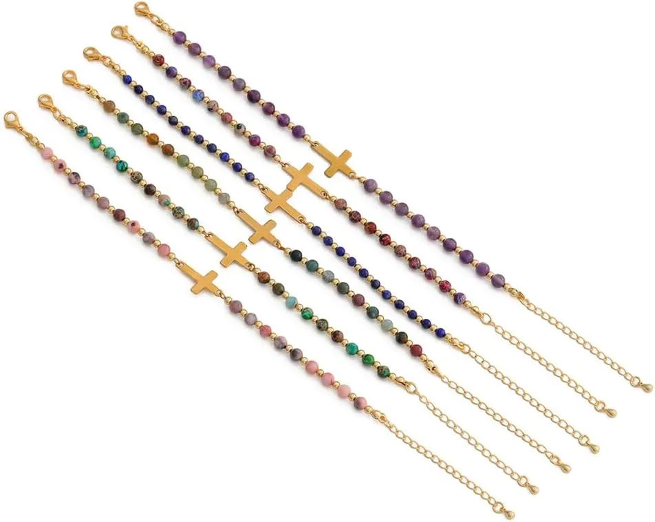 KSQS Religious Cross Bracelet for Women, 18K Gold Plated Sideways Healing Natural Stone Bead Chain Faith Jewelry, Religious & Christian Confirmation Baptism and Easter Encouragement Gifts