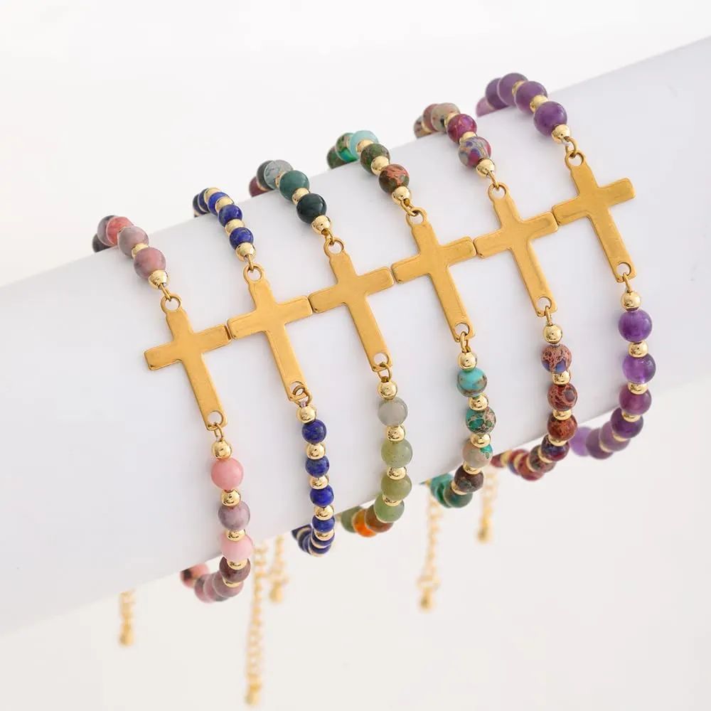 KSQS Religious Cross Bracelet for Women, 18K Gold Plated Sideways Healing Natural Stone Bead Chain Faith Jewelry, Religious & Christian Confirmation Baptism and Easter Encouragement Gifts