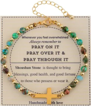 KSQS Religious Cross Bracelet for Women, 18K Gold Plated Sideways Healing Natural Stone Bead Chain Faith Jewelry, Religious & Christian Confirmation Baptism and Easter Encouragement Gifts