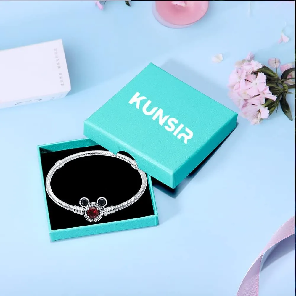 KUNSIR 925 Sterling Silver Snake Chain Bracelet with 5A Cubic Zirconia Mickey Mouse Heads Buckle Compatible with Pandora charms, Charm Bracelets for Women Teen