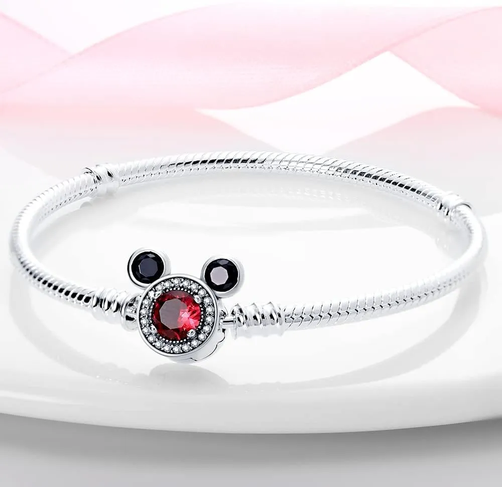 KUNSIR 925 Sterling Silver Snake Chain Bracelet with 5A Cubic Zirconia Mickey Mouse Heads Buckle Compatible with Pandora charms, Charm Bracelets for Women Teen