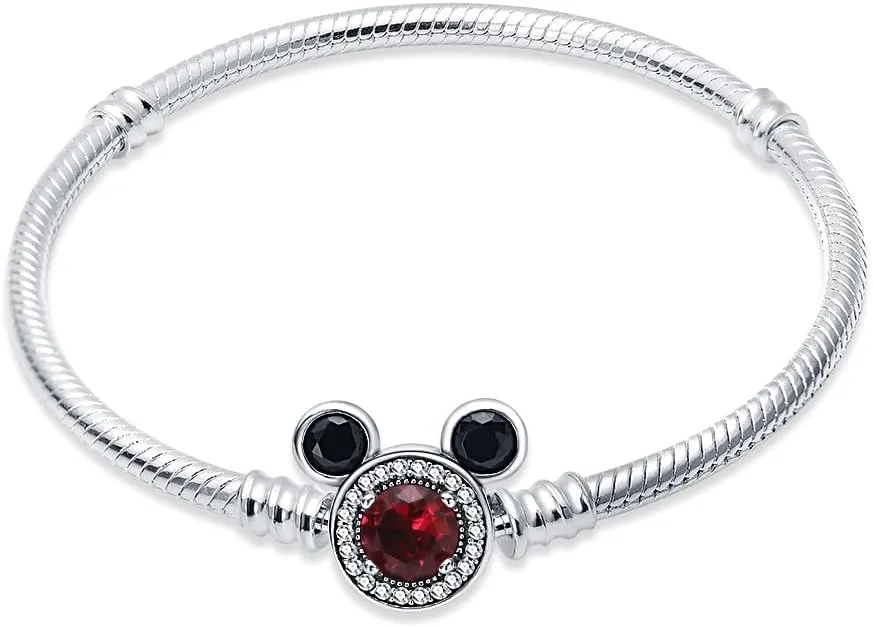KUNSIR 925 Sterling Silver Snake Chain Bracelet with 5A Cubic Zirconia Mickey Mouse Heads Buckle Compatible with Pandora charms, Charm Bracelets for Women Teen