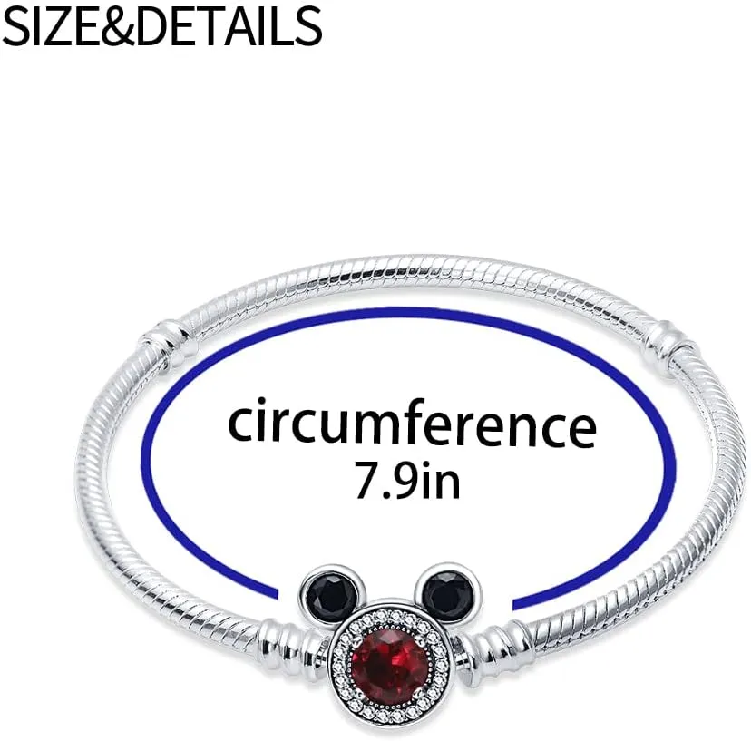 KUNSIR 925 Sterling Silver Snake Chain Bracelet with 5A Cubic Zirconia Mickey Mouse Heads Buckle Compatible with Pandora charms, Charm Bracelets for Women Teen