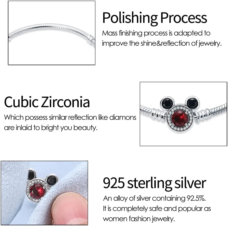 KUNSIR 925 Sterling Silver Snake Chain Bracelet with 5A Cubic Zirconia Mickey Mouse Heads Buckle Compatible with Pandora charms, Charm Bracelets for Women Teen