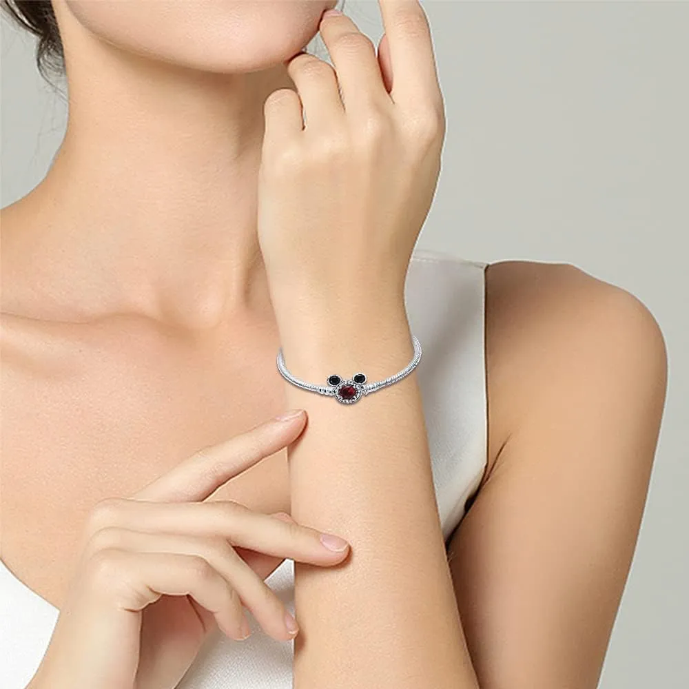 KUNSIR 925 Sterling Silver Snake Chain Bracelet with 5A Cubic Zirconia Mickey Mouse Heads Buckle Compatible with Pandora charms, Charm Bracelets for Women Teen