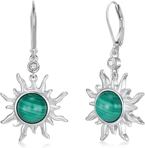 KZX Malachite Sun Earrings 925 Sterling Silver Sun Dangle Earrings Natural Malachite Sun Jewelry Sun Jewelry Gifts for Mother Wife