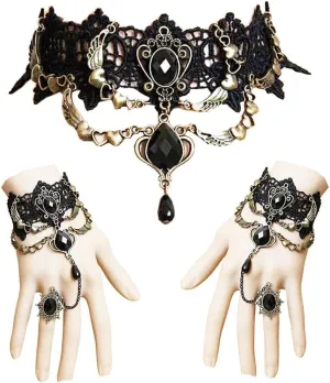 Lace Choker Necklace with Bracelet Set Punk Party Gothic Vintage Handmade Retro Victorian Vampire Punk Pendant Necklace Bracelet Wristband for Women Black Style 2